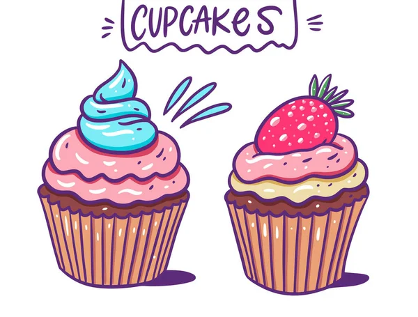 Zwei süße cremige Cupcakes. Vektorillustration. Cartoon-Stil. — Stockvektor