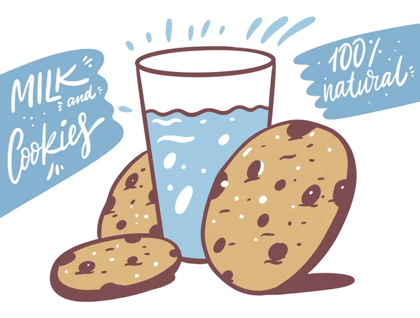 Copa de leche y galletas con chocolate. Ilustración vectorial . — Vector de stock