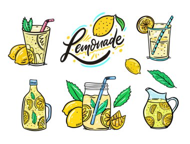 Yaz limonatası seti. Limon, nane, limon dilimi, bardak ve sürahi. Vektör illüstrasyon seti. Çizgi film biçimi.