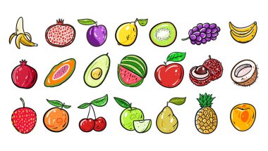 Şirin Fruits büyük set koleksiyonu. Vektör çizimi. Çizgi film tarzı. Beyaz arkaplanda izole.