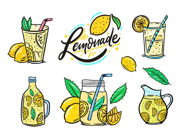 Летний лимонад. Лимон, мята, ломтик лимона, стакан и кувшин. Набор векторных иллюстраций. Карикатурный стиль . — стоковый вектор