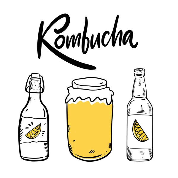 Conjunto de chá Kombuchá. Conjunto de ilustrações vetoriais. Estilo dos desenhos animados . — Vetor de Stock