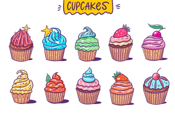 Sweet Ten Cupcakes coleção grande conjunto. Ilustração vetorial. Estilo dos desenhos animados. Isolado sobre fundo branco . —  Vetores de Stock