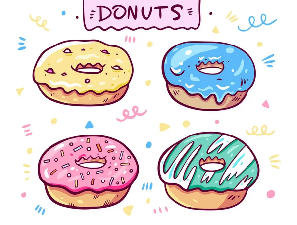 Quatro doces donuts. Cor rosa, verde, amarelo e azul cremoso. Estilo dos desenhos animados. Ilustração vetorial . —  Vetores de Stock