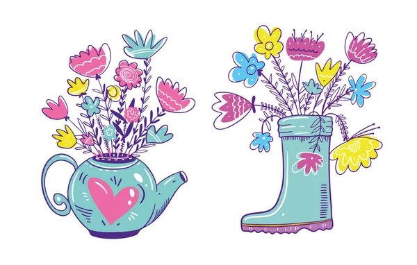 Kittel und Stiefel mit Frühlingsblumen. handgezeichnete Vektorillustration. Cartoon-Stil. — Stockvektor