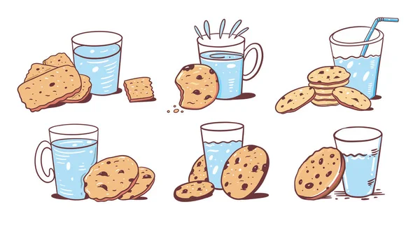 Vector set of glass of milk and baked oatmeal cookies with chocolate. Cartoon style. Vector illustration. Vector Graphics