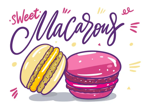 Два Macarons рожевий і жовтий в стилі Cartoon. Скандинавська типографія. Векторна ілюстрація. Ізольовані на білому тлі. — стоковий вектор