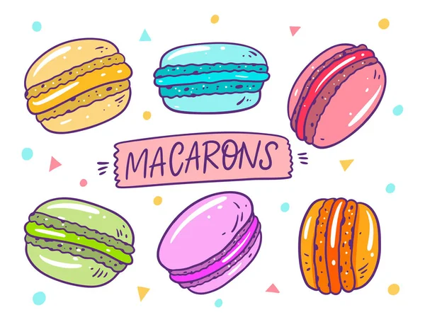 Seis macarons doces no estilo dos desenhos animados. Ilustração vetorial. Isolado sobre fundo branco . —  Vetores de Stock