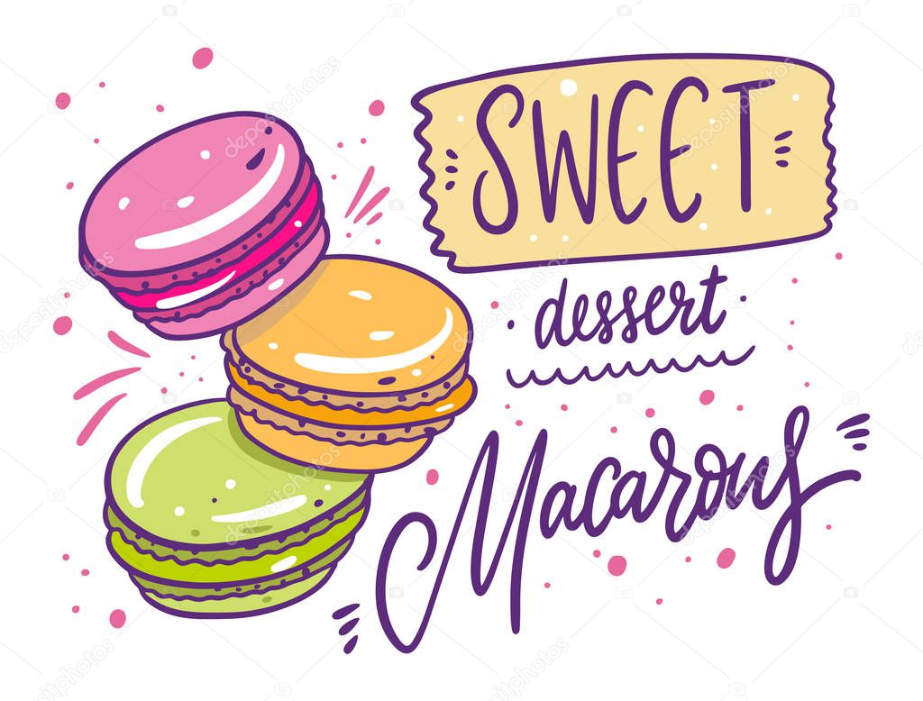 Pink, Yellow and Green Macarons in Cartoon style. Vector illustration. Isolated on white background.