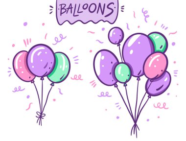 Şirin menekşe, yeşil ve pembe balonlar. Çizgi film tarzında vektör illüstrasyonu. Beyaz arkaplanda izole.
