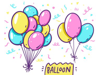 Bir demet pembe, mavi ve sarı balonlar. Çizgi film tarzında vektör illüstrasyonu. Beyaz arkaplanda izole.