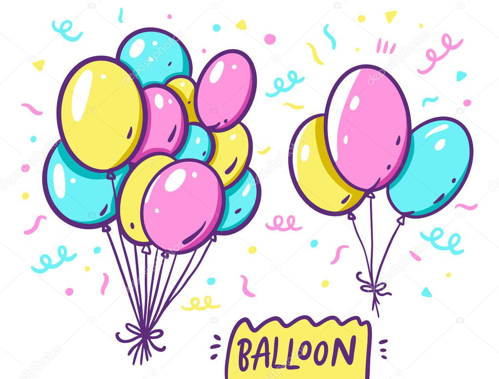 Pink, blue and yellow balloons in a bunch set. Vector illustration in cartoon style. Isolated on white background.