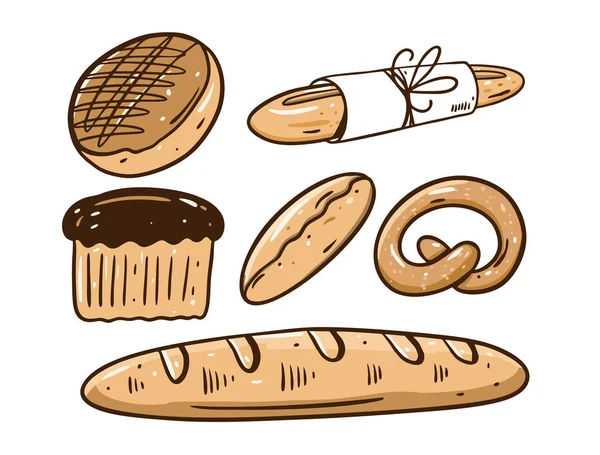 Bakery siap. Roti, roti, kue. Ilustrasi vektor gambar tangan. Gaya kartun . - Stok Vektor