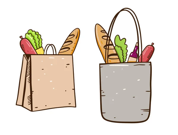 Achetez des sacs avec de la nourriture. Illustration vectorielle de dessin à la main. Cartoon style . — Image vectorielle