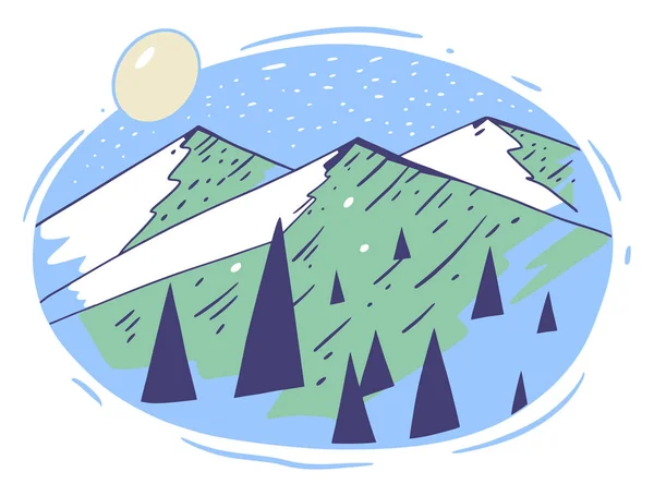 Montanhas paisagem com sol e neve. Desenho manual ilustração vetorial. Estilo dos desenhos animados . —  Vetores de Stock