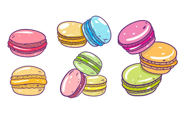 Juego de macarrones coloridos. Ilustración vectorial dibujada a mano. Estilo de dibujos animados con contorno . — Vector de stock