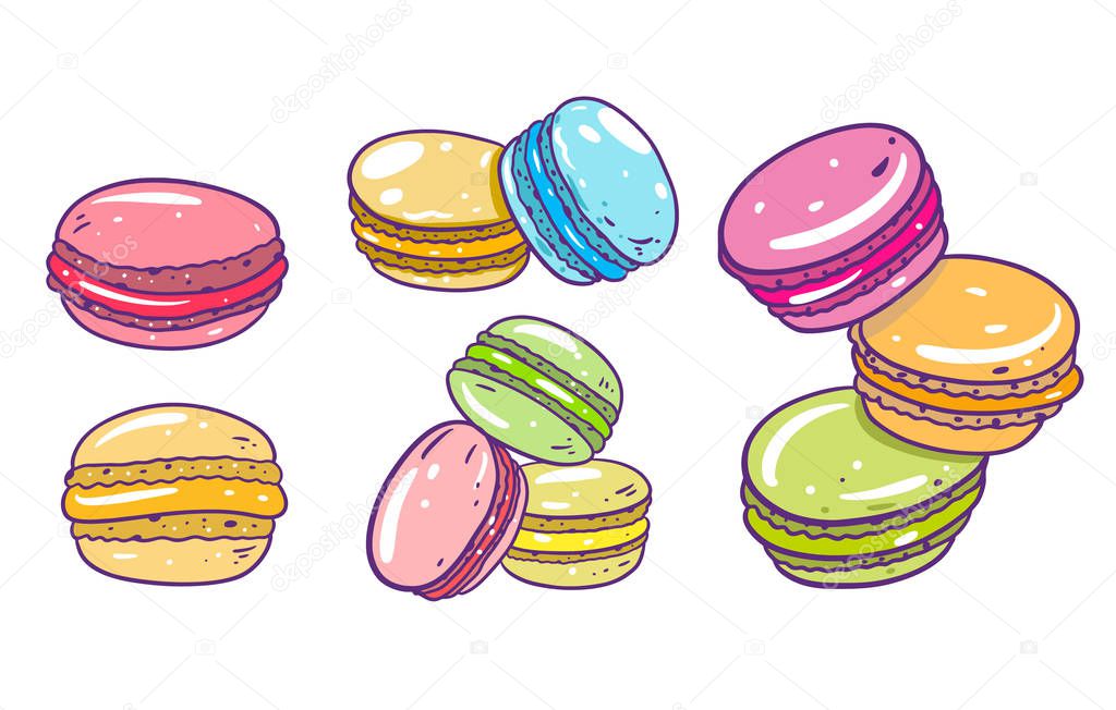 Colorful macarons set. Hand drawn vector illustration. Cartoon style with outline.