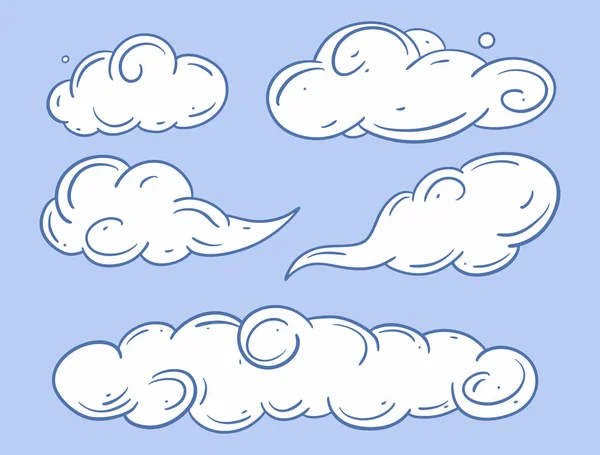 White clouds with blue outline. Hand drawn vector illustration. Cartoon style. — Stock Vector