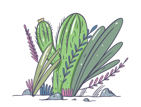 Sammansättning med kaktus och växter. Hand drwan vektor illustration. Isolerad på vit bakgrund. — Stock vektor