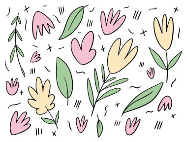 Çiçekler ve yapraklar elementler ve desenler. Düz vektör çizimi. Beyaz arka planda izole edilmiş..