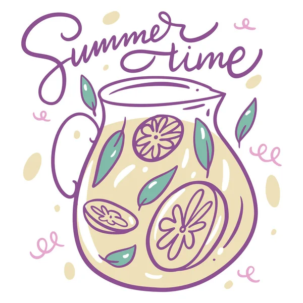 Letras de verano y limonada en tarro de cristal. Ilustración vectorial. Estilo de dibujos animados . — Archivo Imágenes Vectoriales