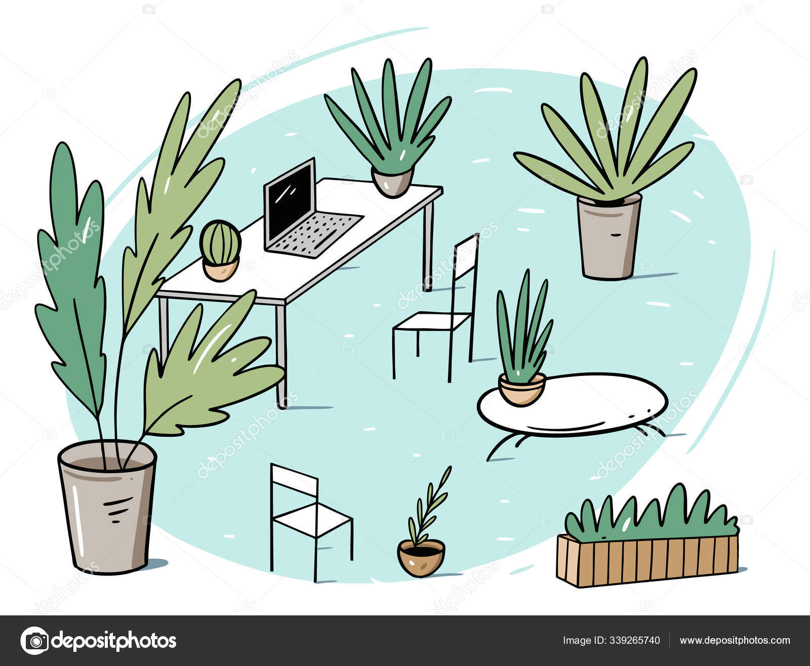 緑の職場 同僚や漫画のスタイルでオフィスフラットベクトルイラスト