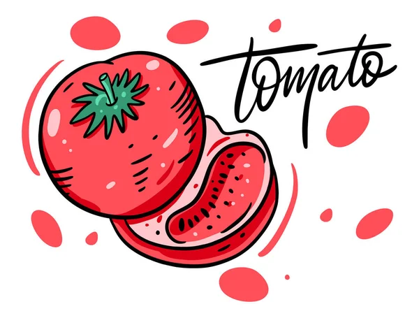 Rote Tomate ganz und in Scheiben schneiden. Vektorillustration im Cartoon-Stil. isoliert auf weißem Hintergrund. — Stockvektor