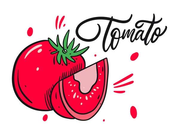 Tomatenposter. Vektorillustration und Schriftzug im Cartoon-Stil. isoliert auf weißem Hintergrund. — Stockvektor