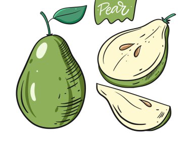 Tam armut, yarım ve dilimle. Çizgi film tarzında elle çizilmiş vektör çizimi. Beyaz arkaplanda izole.