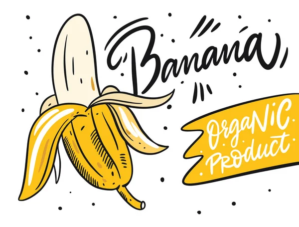 Cartaz de banana. Produto orgânico. Ilustração vetorial desenhada à mão em estilo cartoon. Isolado sobre fundo branco . — Vetor de Stock