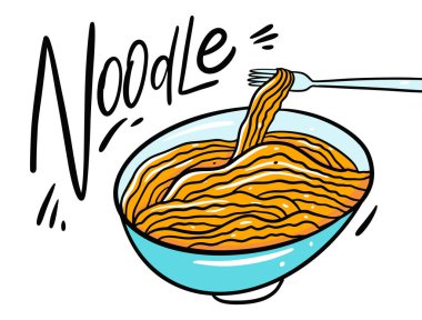 Chinese Noodle in blue bowl. Hand drawn vector illustration.
