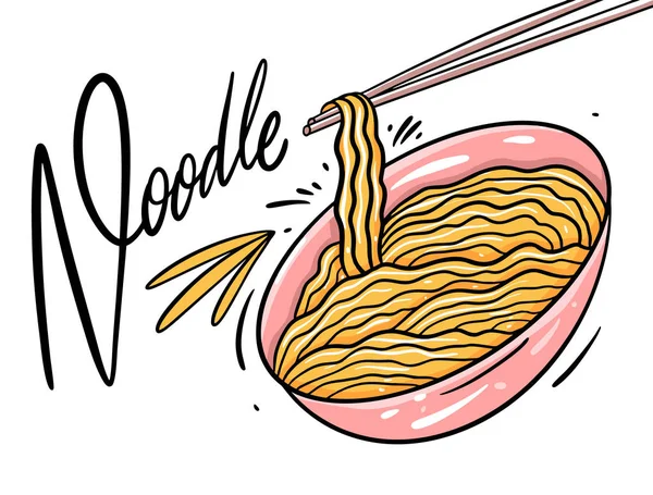 Asia Noodle in pink bowl. Hand drawn vector illustration. Isolated on white background. Cartoon style. — Stock vektor