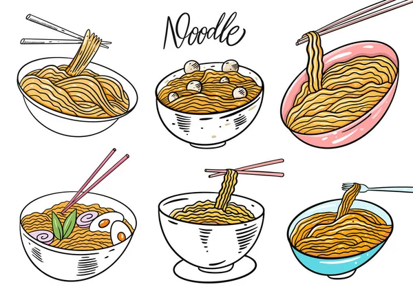 Asia fideos mano dibujado vector ilustración conjunto. Aislado sobre fondo blanco. Estilo de dibujos animados . — Vector de stock