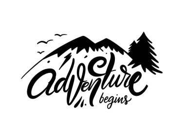 Adventure begins. Black ink modern calligraphy. Lettering phrase. Vector illustration. Isolated on white background.