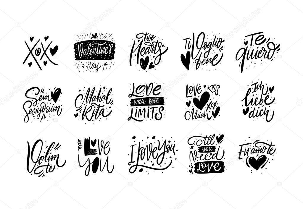 Love and Valentine's day Lettering phrases set. Black ink. Hand drawn vector illustration. Modern Typography. Isolated on white background. Design for cards, t-shirt, poster and banner.