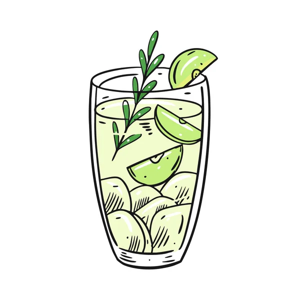 Cidre de pomme ou cocktail de pomme en verre. Style plat dessiné à la main. Illustration vectorielle de dessin animé. Isolé sur fond blanc . — Image vectorielle