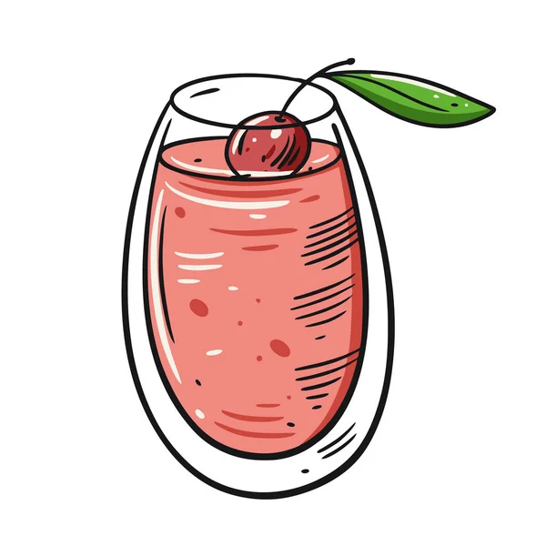 Cocktail mit Kirsche im Glas. Handgezeichneter flacher Stil. Zeichentrickvektorillustration. Isoliert auf weißem Hintergrund. — Stockvektor