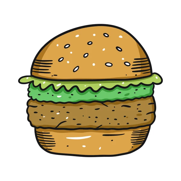 Vegansk hamburgare med Guacamole. Handritad vektor illustration. Tecknad stil. Isolerad på vit bakgrund. — Stock vektor