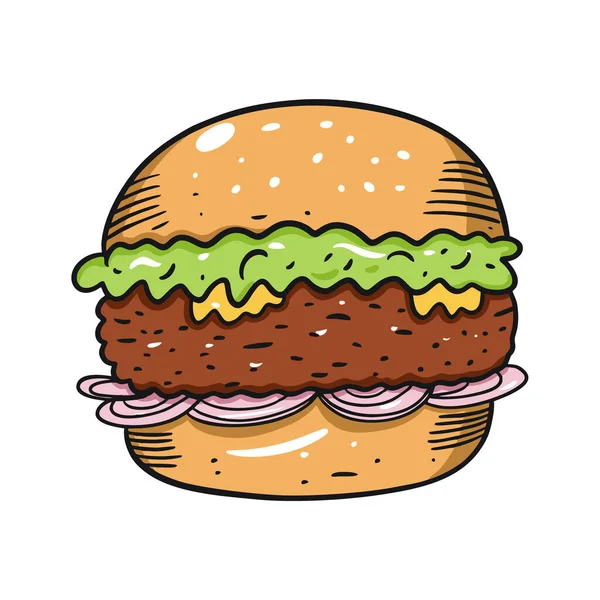 Burger mit geschreddertem Salat und Zwiebeln. Handgezeichnete Vektorillustration im Cartoon-Stil. Isoliert auf weißem Hintergrund. — Stockvektor