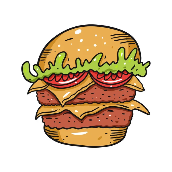 Double Burger mit Tomate, Salat und Käse. Handgezeichnete Vektorillustration im Cartoon-Stil. Isoliert auf weißem Hintergrund. — Stockvektor