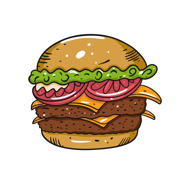 Un doppio cheeseburger. Illustrazione vettoriale disegnata a mano in stile cartone animato. Isolato su sfondo bianco . — Vettoriale Stock