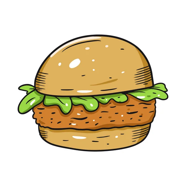 Veganer Burger. Handgezeichnete Vektorillustration im Cartoon-Stil. Isoliert auf weißem Hintergrund. — Stockvektor