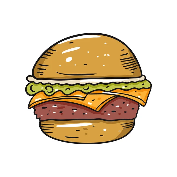 Hamburguesa con queso. Ilustración vectorial dibujada a mano en estilo de dibujos animados. Aislado sobre fondo blanco . — Archivo Imágenes Vectoriales