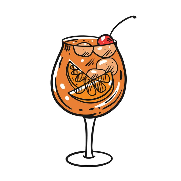 Cóctel con hielo cúbico, naranja y cereza. Estilo plano dibujado a mano. Ilustración vectorial de dibujos animados. Aislado sobre fondo blanco . — Archivo Imágenes Vectoriales