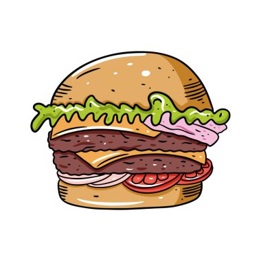 Duble hamburger. Çizgi film tarzında elle çizilmiş renkli vektör çizimi. Beyaz arkaplanda izole.