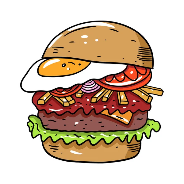 Burger aux frites et aux œufs. Illustration vectorielle dessinée à la main dans le style dessin animé. Isolé sur fond blanc . — Image vectorielle