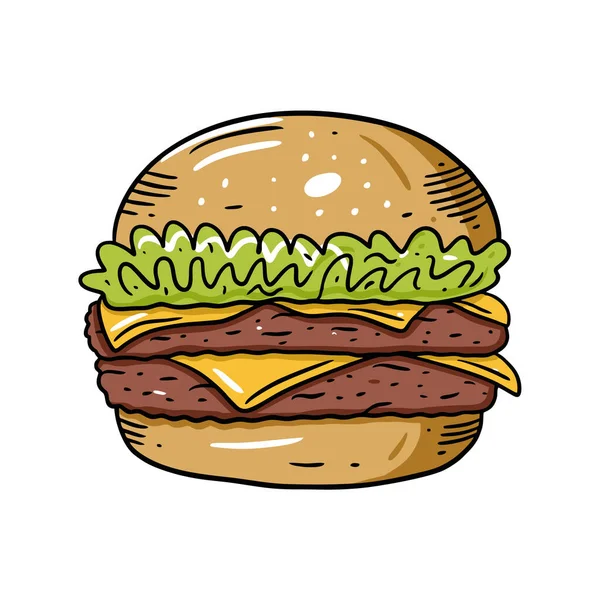 Doppelter Cheeseburger. Handgezeichnete bunte Vektorillustration im Cartoon-Stil. Isoliert auf weißem Hintergrund. — Stockvektor