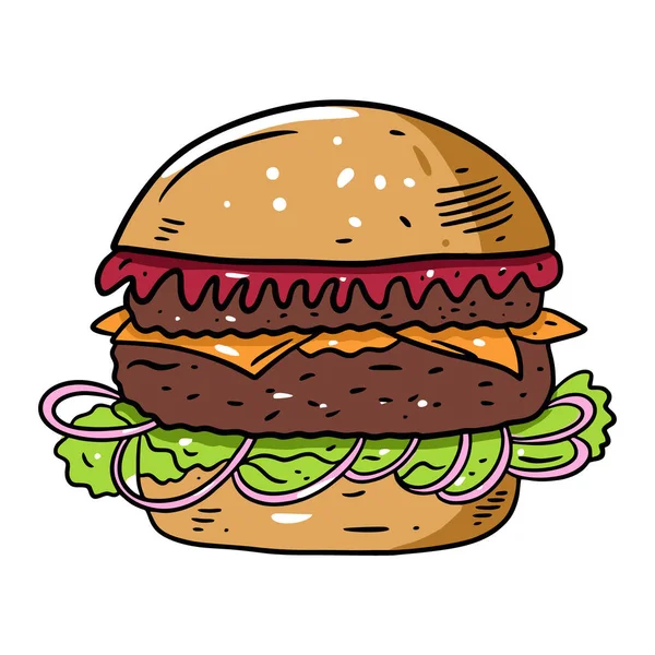 Burger s rajčatovou omáčkou, strouhaným salátem a cibulí. Ručně kreslené barevné vektorové ilustrace v kresleném stylu. — Stockový vektor