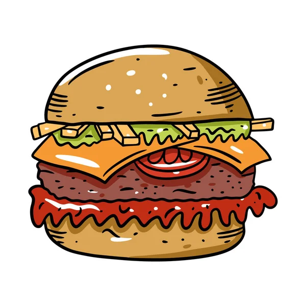 Burger sült krumplival, paradicsommal, szósszal, aprított salátával és sajttal. Kézzel rajzolt színes vektor illusztráció rajzfilm stílusban. Fehér alapon elszigetelve. — Stock Vector