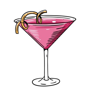 Alkollü pembe kokteyl. El çizimi düz stil. Çizgi film vektör çizimi. Beyaz arkaplanda izole.